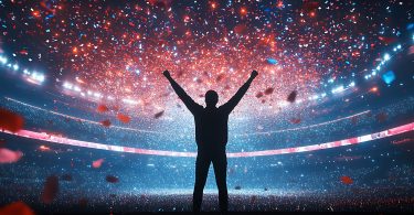 A champion standing in the center of a sports arena, arms raised in triumph, as confetti falls from above