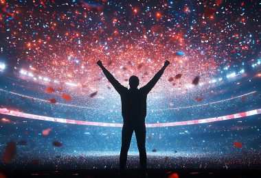 A champion standing in the center of a sports arena, arms raised in triumph, as confetti falls from above
