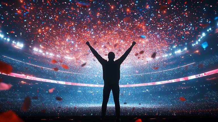 A champion standing in the center of a sports arena, arms raised in triumph, as confetti falls from above